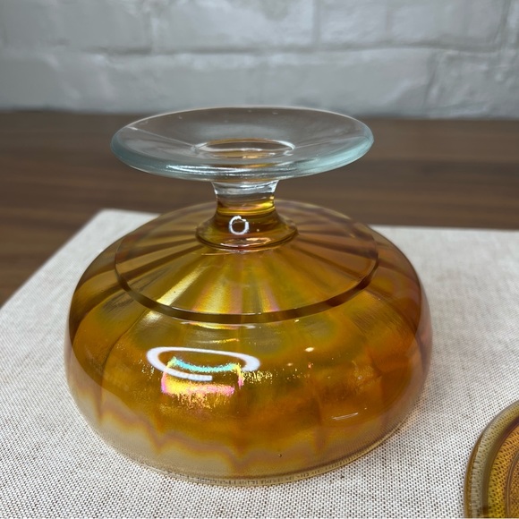Vintage MCM Marigold Iridescent Carnival Glass Lidded Footed Candy Dish With Lid - Picture 8 of 10
